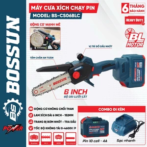 Máy cưa xích pin nhỏ gọn BS BOSSUN BS-CS06BLC, Lam 6inch, Có tra nhớt, Không than, Chân phổ thông