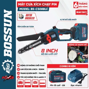 Máy Cưa Xích Dùng Pin BS BOSSUN BS-CS08BLC, Lam Xích 8inch - Có Tra Nhớt, - Không Chổi Than