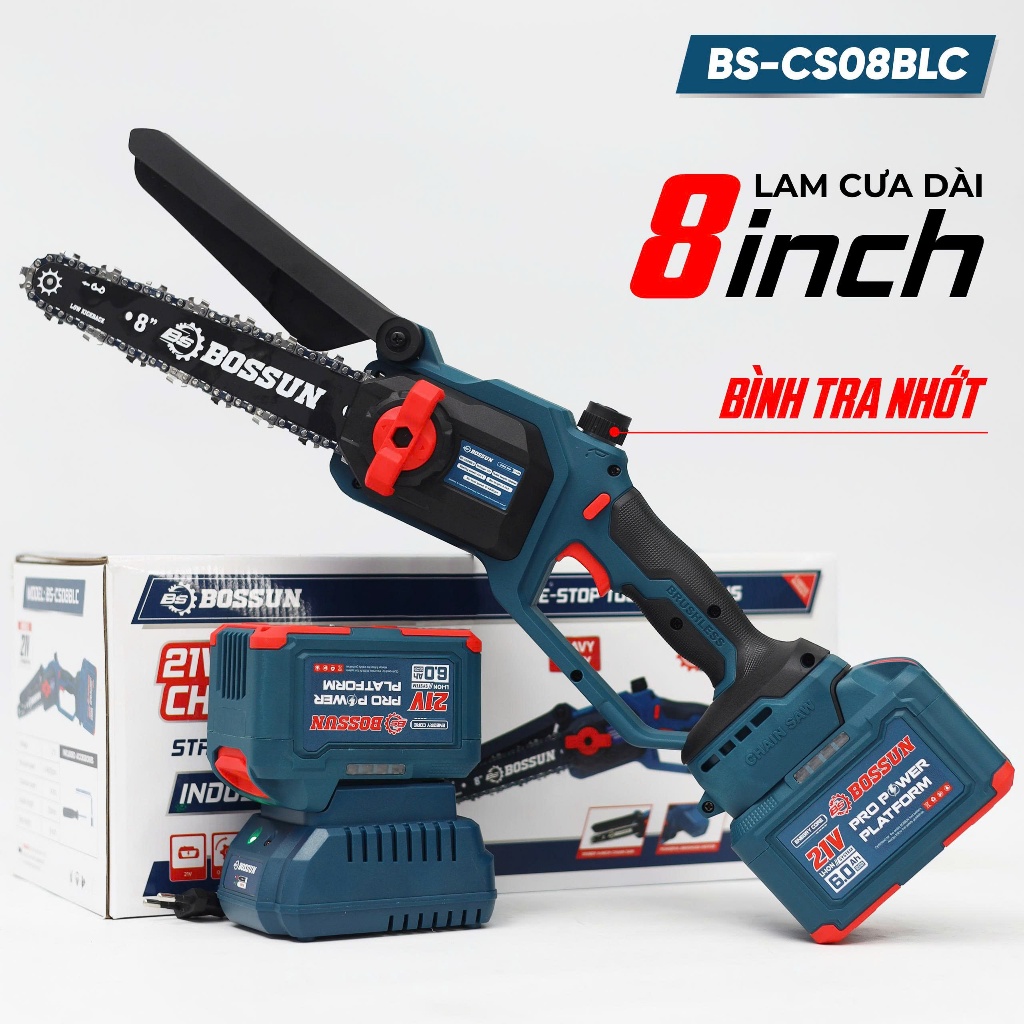 Máy Cưa Xích Dùng Pin BS BOSSUN BS-CS08BLC, Lam Xích 8inch - Có Tra Nhớt, - Không Chổi Than