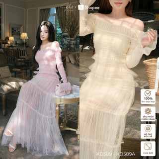 Đầm dài Khiết Style trễ vai lưới hoa nhí hồng pastel phong cách dịu dàng nữ tính KD589 KD589A