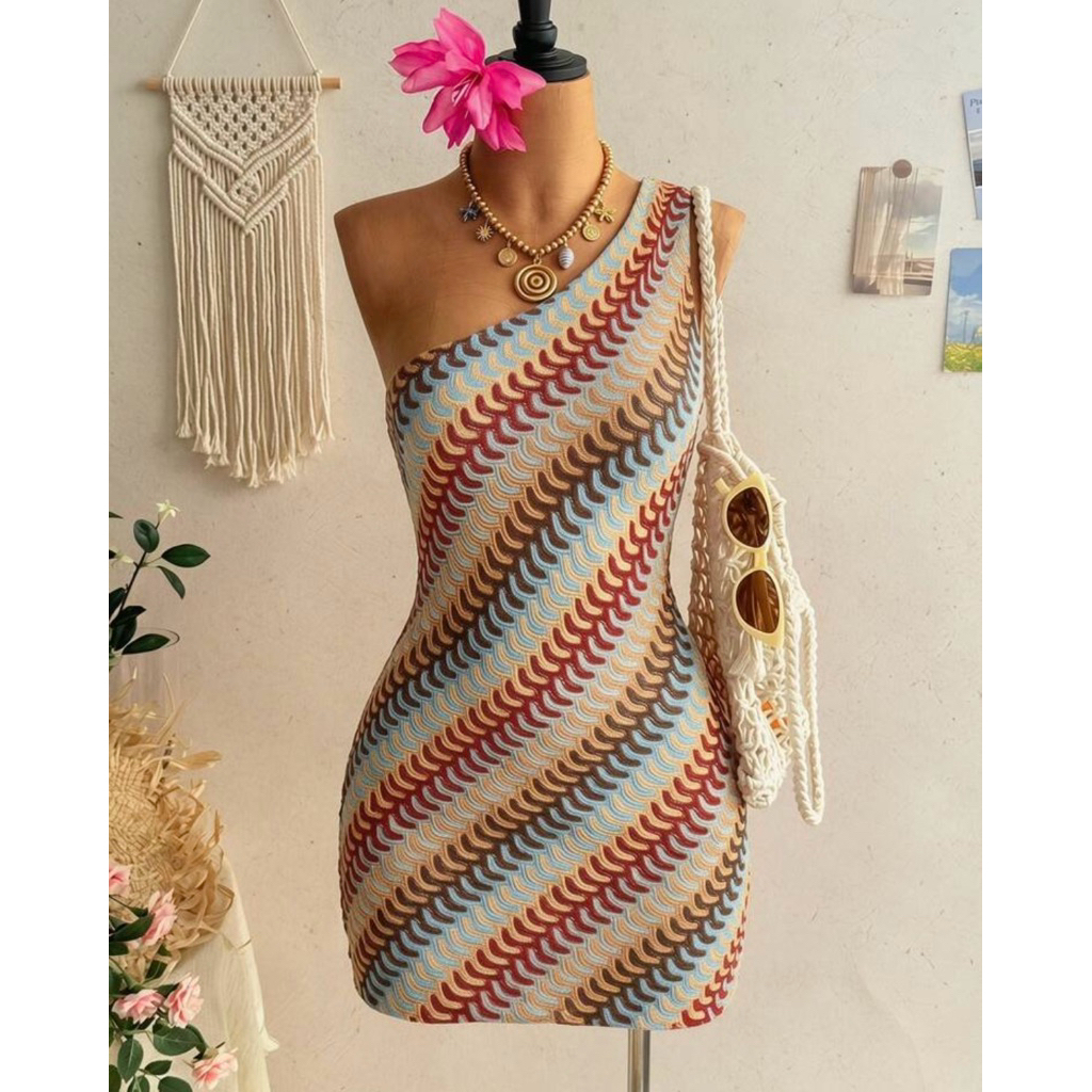 NUNG NIU (Lùi 1sz) Đầm Ôm Body Lệt Vai Vải Dệt Kim Phong Cách Retro Mùa Hè