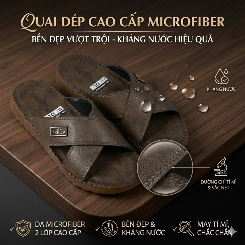 Dép Nam Quai Chéo Da Microfiber 2 Lớp Cao Cấp, Kháng Nước Tốt, Đế Khâu Siêu Bền - Bảo Hành 12 Tháng