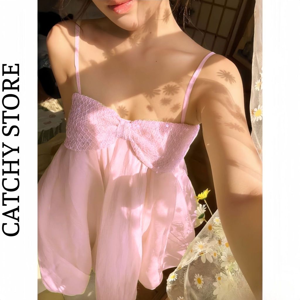 Đầm Voan Tơ Hai Dây Babydoll Dáng Bí Bồng Bềnh Phối Nơ Kim Sa Kèm Quần Bí Tiểu Thư Xinh Xắn CATCHYstore