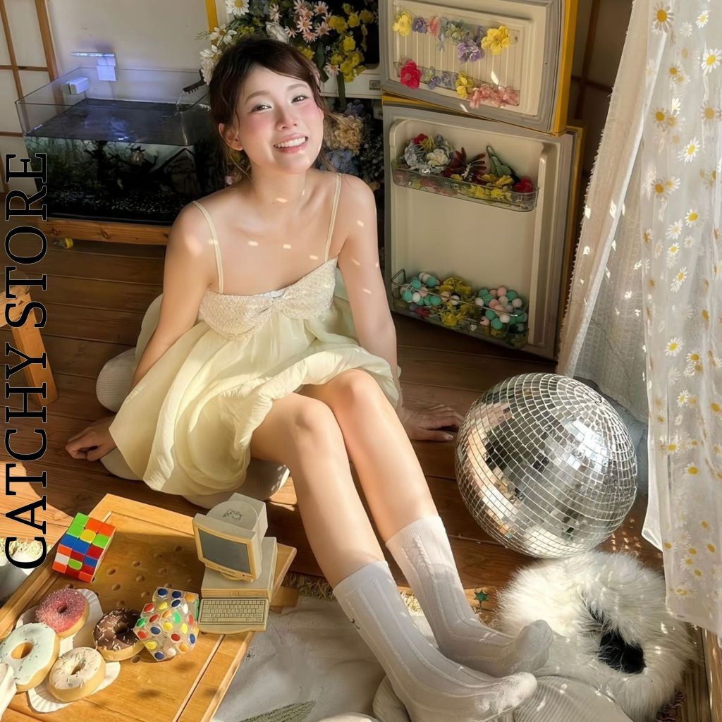 Đầm Voan Tơ Hai Dây Babydoll Dáng Bí Bồng Bềnh Phối Nơ Kim Sa Kèm Quần Bí Tiểu Thư Xinh Xắn CATCHYstore