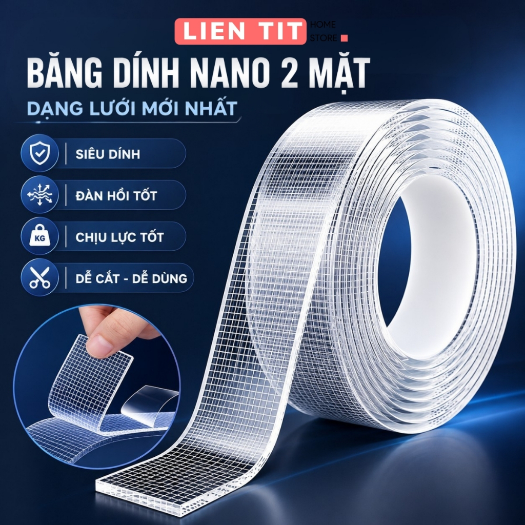 Băng Keo 2 Mặt Siêu Dính Nano Trong Suốt 3cm*3m, Băng Dính Dán Tường Dễ Tháo Gỡ Tiện Lợi