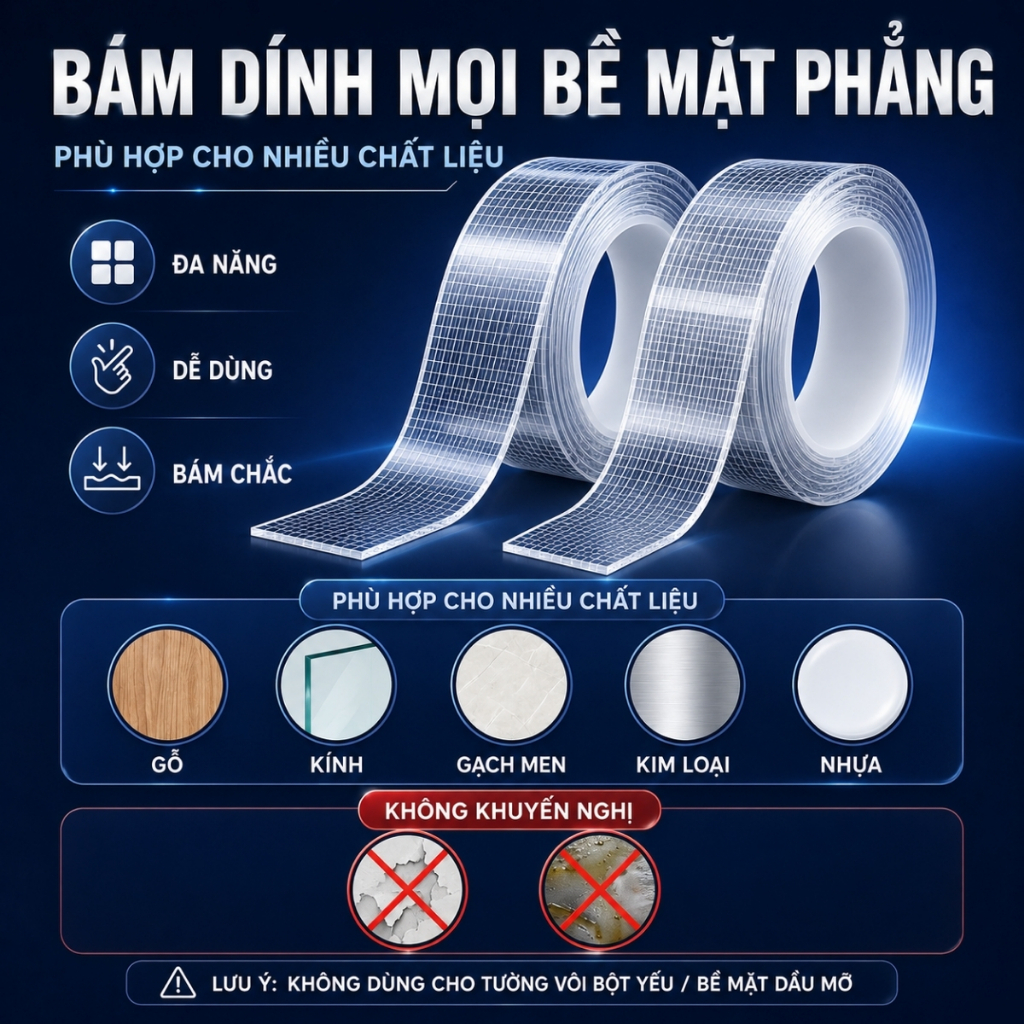 Băng Keo 2 Mặt Siêu Dính Nano Trong Suốt 3cm*3m, Băng Dính Dán Tường Dễ Tháo Gỡ Tiện Lợi