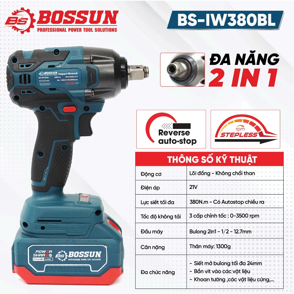 Bộ máy siết bulong BS BOSSUN BS-IW380BL, Lực siết 380Nm - Đầu 2in1 - Tặng bộ phụ kiện 25 chi tiết