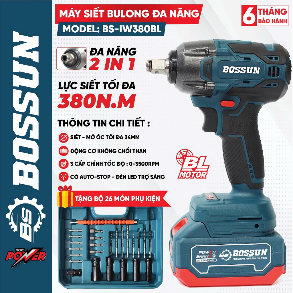 Bộ máy siết bulong BS BOSSUN BS-IW380BL, Lực siết 380Nm - Đầu 2in1 - Tặng bộ phụ kiện 25 chi tiết