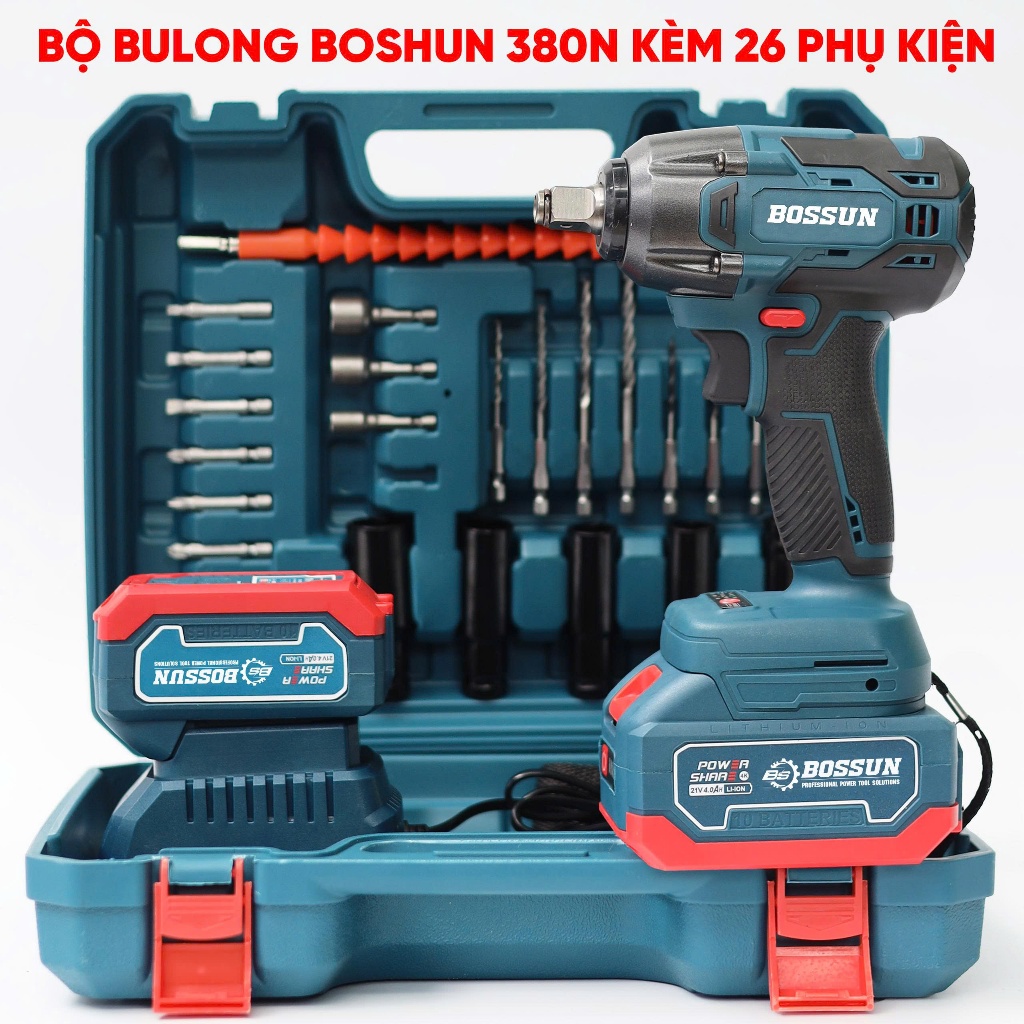 Bộ máy siết bulong BS BOSSUN BS-IW380BL, Lực siết 380Nm - Đầu 2in1 - Tặng bộ phụ kiện 25 chi tiết