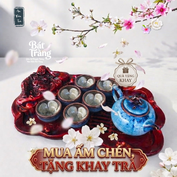 Bộ ấm chén men Thiên Thanh Bát Tràng cao cấp - Dáng ấm quả hồng - Men hỏa biến - Tặng Kèm Khay