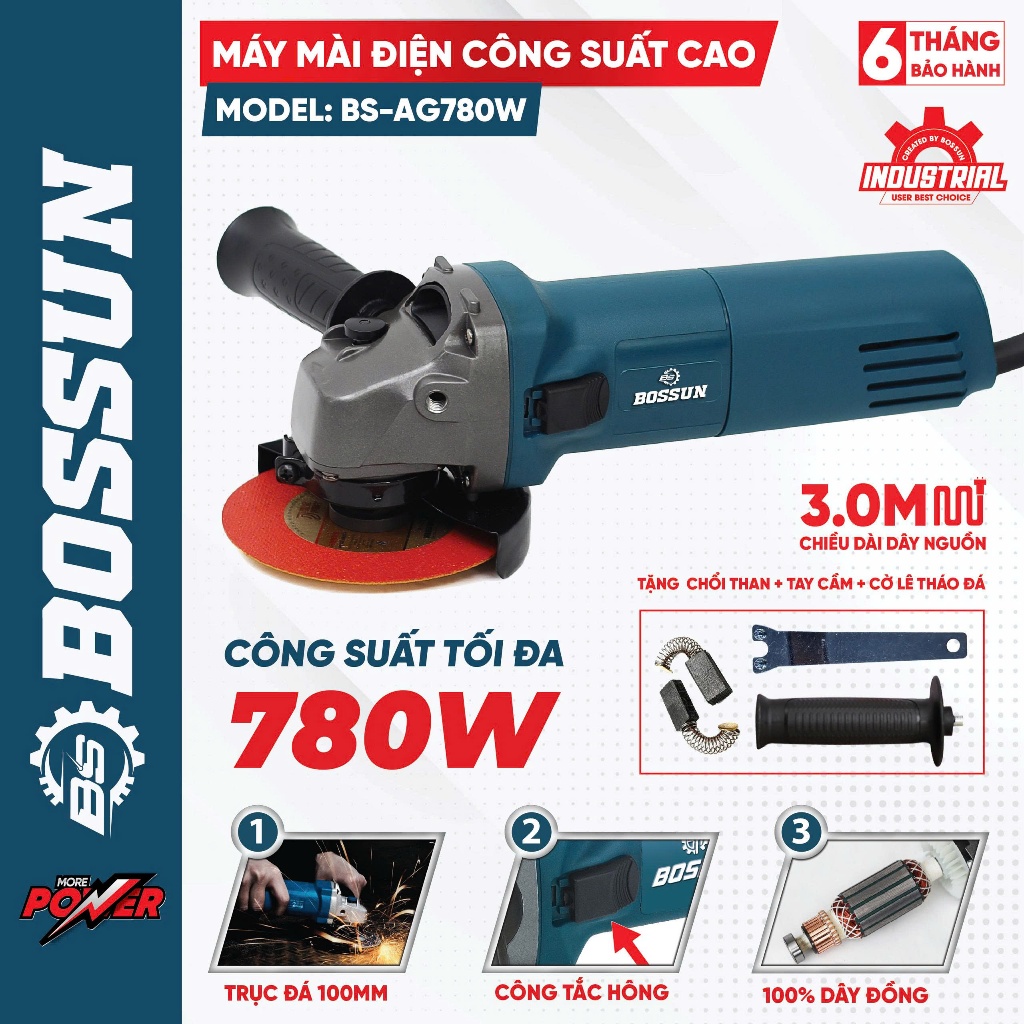 Máy mài góc cắt sắt, inox BS BOSSUN BS-AG780W, Tốc độ cao 11000v/p, Động cơ dây đồng