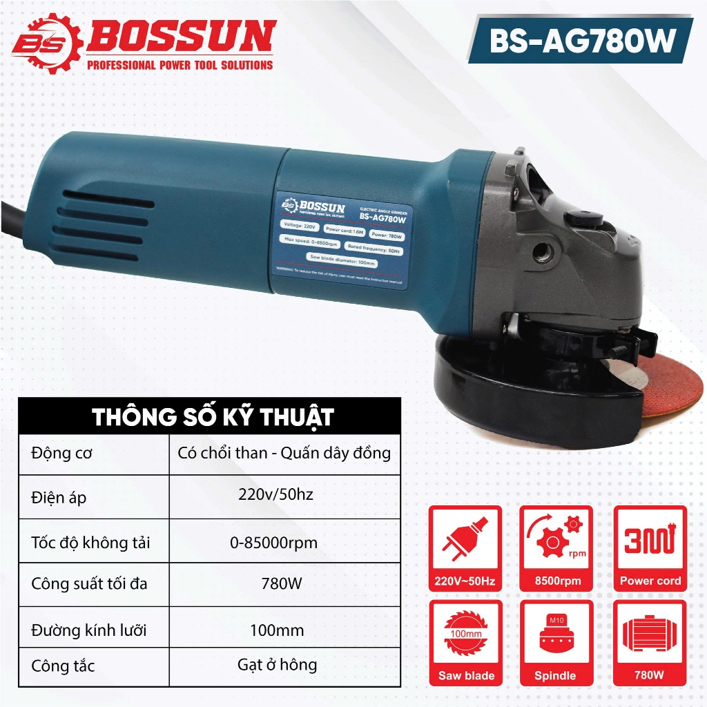 Máy mài góc cắt sắt, inox BS BOSSUN BS-AG780W, Tốc độ cao 11000v/p, Động cơ dây đồng