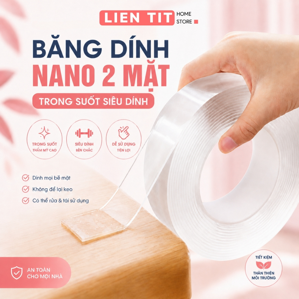 Băng Dính 2 Mặt Siêu Dính Trong Suốt Khổ 3cm, Băng Keo Dán Tường Hai Mặt Nano Silicon Siêu Chắc