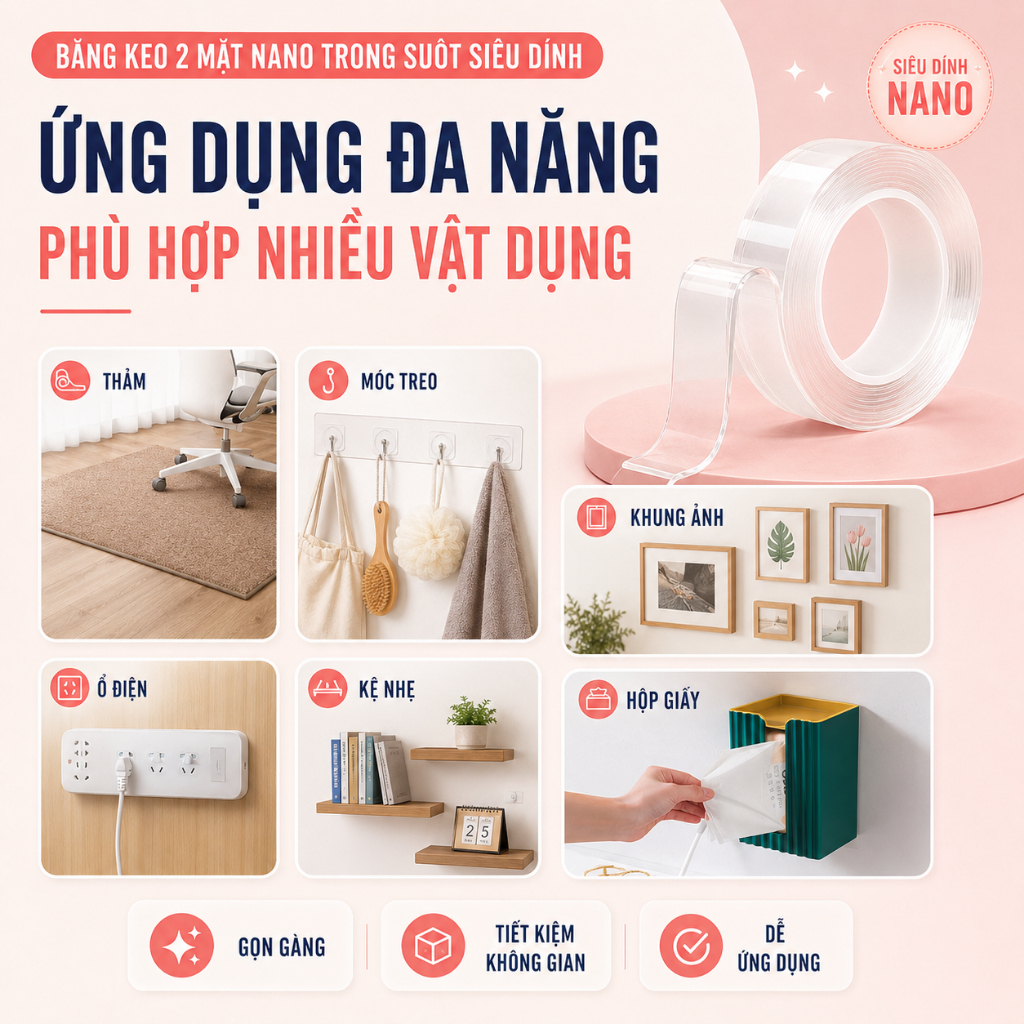 Băng Dính 2 Mặt Siêu Dính Trong Suốt Khổ 3cm, Băng Keo Dán Tường Hai Mặt Nano Silicon Siêu Chắc