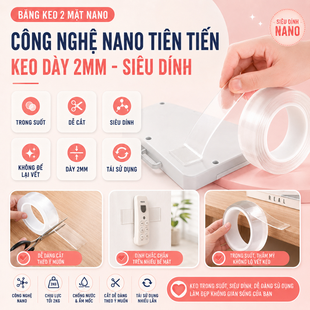 Băng Dính 2 Mặt Siêu Dính Trong Suốt Khổ 3cm, Băng Keo Dán Tường Hai Mặt Nano Silicon Siêu Chắc