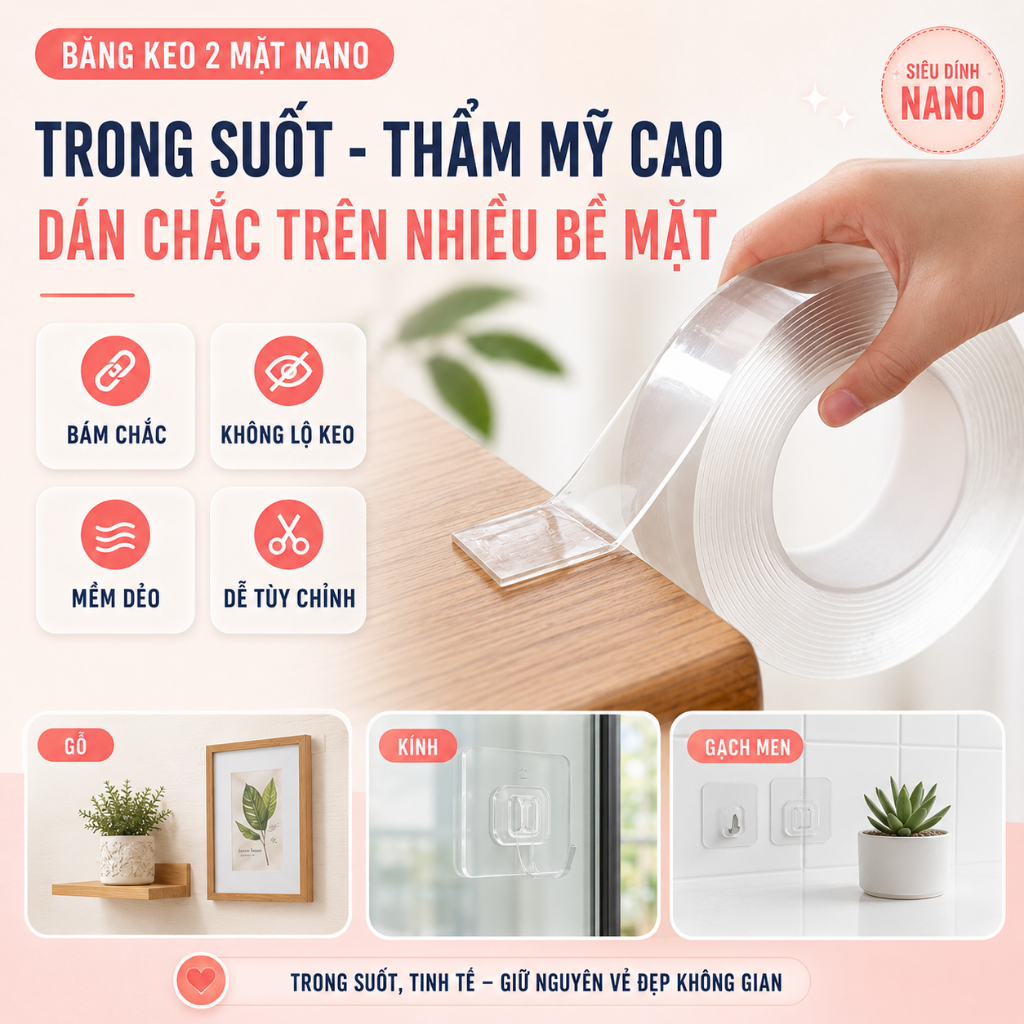 Băng Dính 2 Mặt Siêu Dính Trong Suốt Khổ 3cm, Băng Keo Dán Tường Hai Mặt Nano Silicon Siêu Chắc