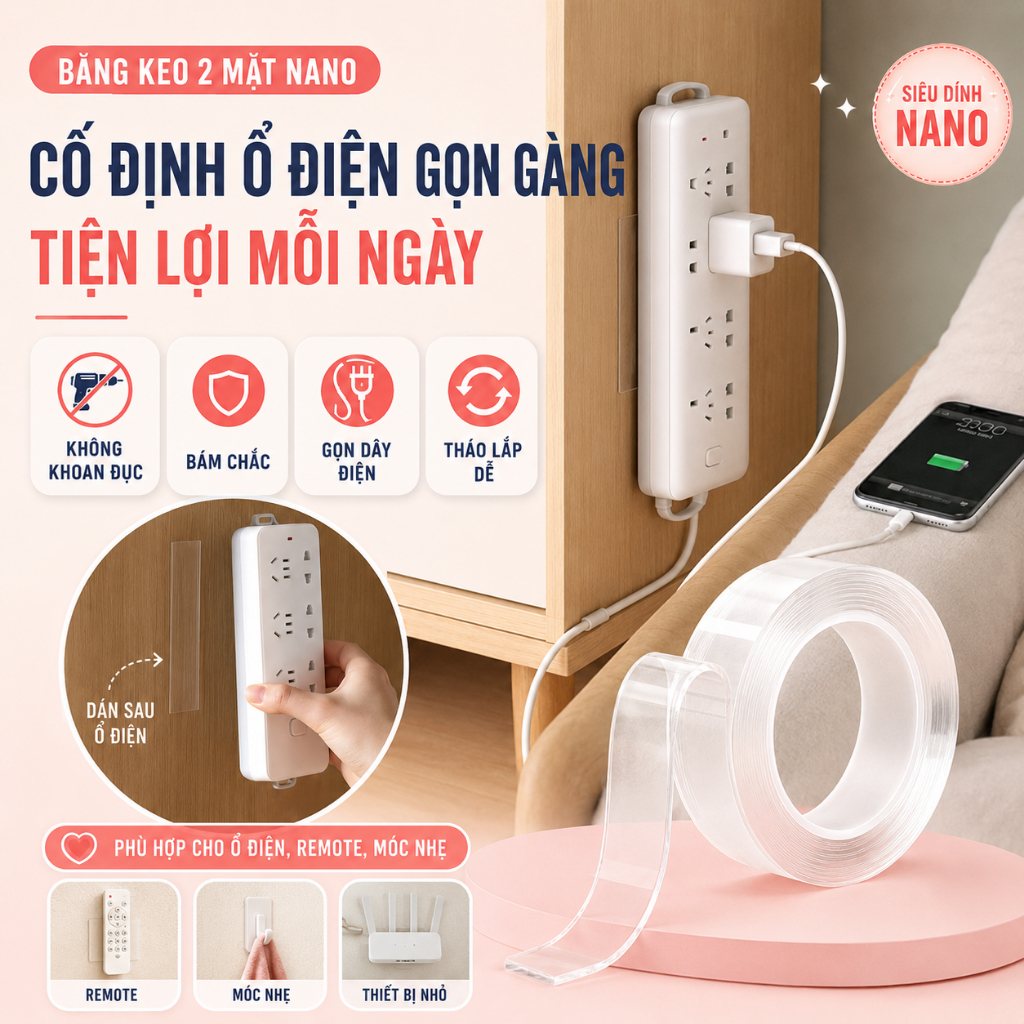 Băng Dính 2 Mặt Siêu Dính Trong Suốt Khổ 3cm, Băng Keo Dán Tường Hai Mặt Nano Silicon Siêu Chắc