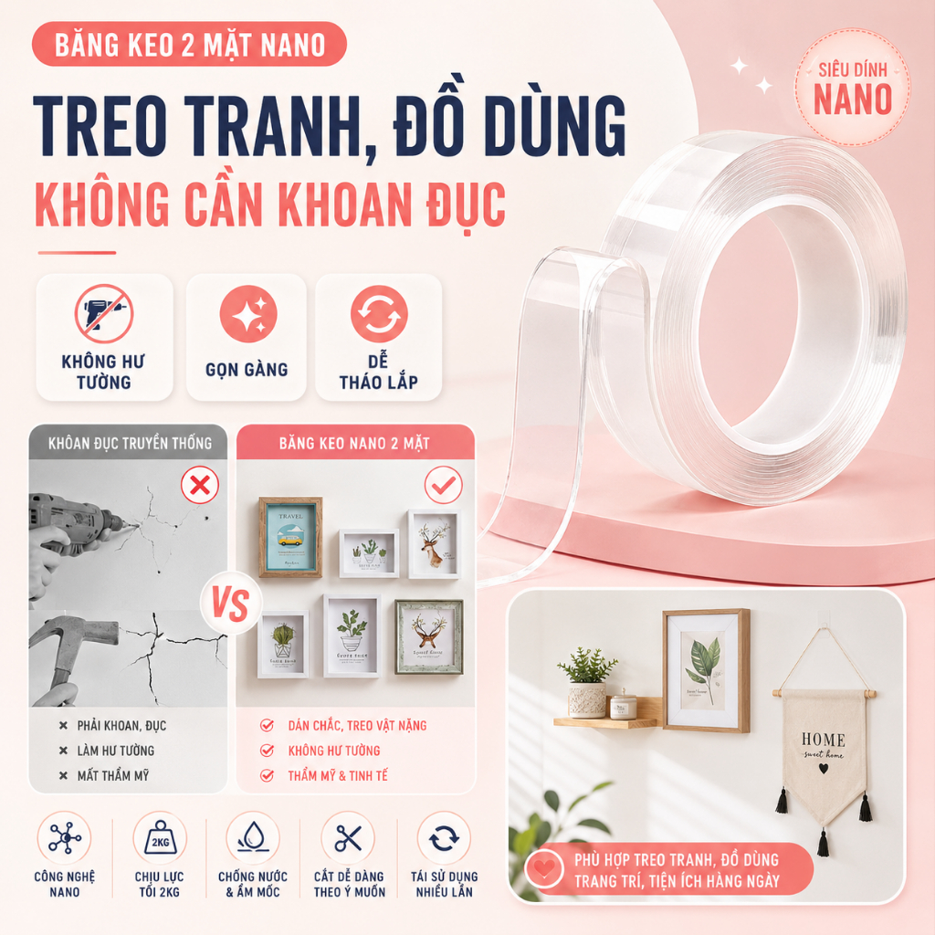 Băng Dính 2 Mặt Siêu Dính Trong Suốt Khổ 3cm, Băng Keo Dán Tường Hai Mặt Nano Silicon Siêu Chắc