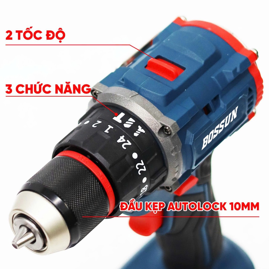 Bộ Máy Khoan 3 Chức Năng BS BOSSUN BS-ID2110M , Lực Xoắn 55Nm, Không Chổi Than, Móc Cài Kim Loại
