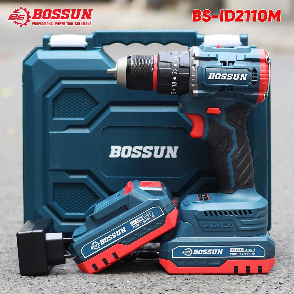 Bộ Máy Khoan 3 Chức Năng BS BOSSUN BS-ID2110M , Lực Xoắn 55Nm, Không Chổi Than, Móc Cài Kim Loại
