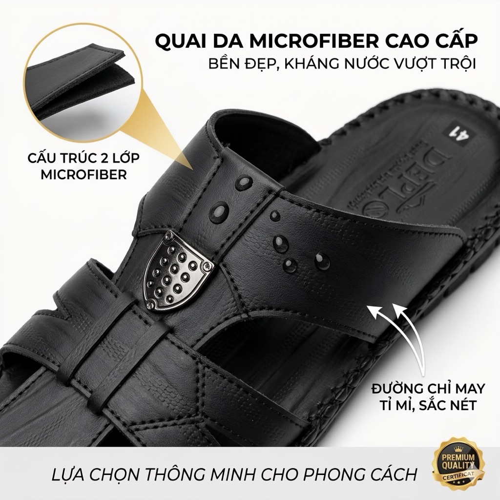 Dép Rọ Nam Da Microfiber 2 Lớp Kháng Nước, Đế Khâu Chỉ Bền Bỉ Chống Trơn Trượt - Bảo Hành 12 Tháng
