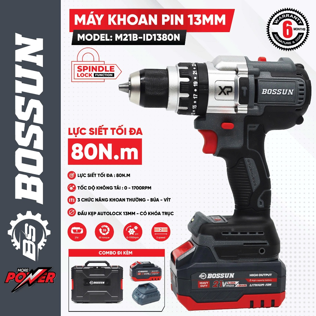 Máy khoan 13mm BS BOSSUN M21B-ID1380N, Lực siết 80Nm, 3 chức năng, Chân phổ thông, Không than