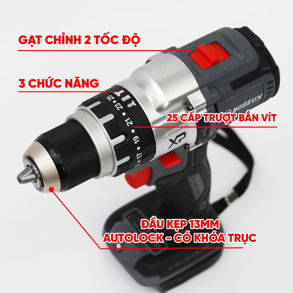 Máy khoan 13mm BS BOSSUN M21B-ID1380N, Lực siết 80Nm, 3 chức năng, Chân phổ thông, Không than