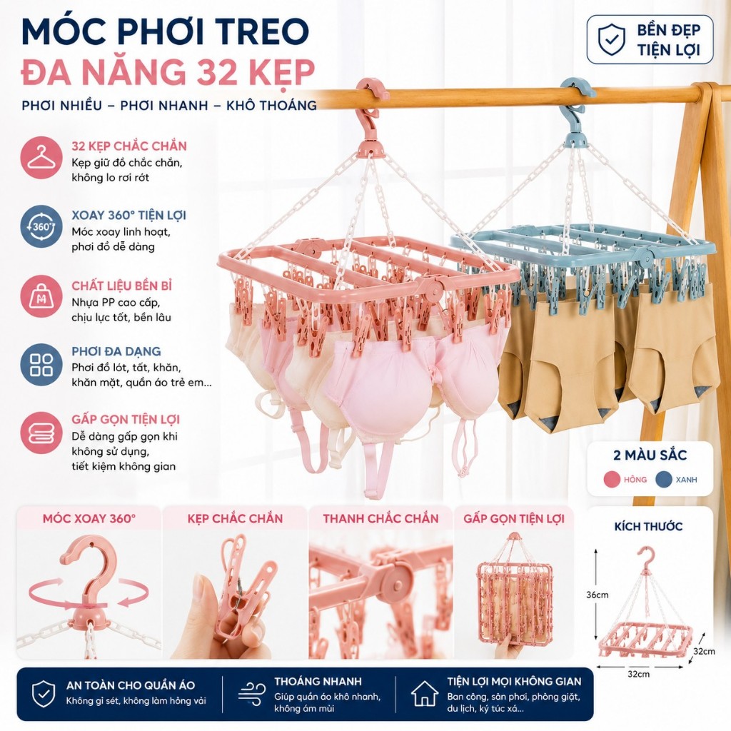 Móc Treo Quần Áo 32 Kẹp, Móc Chùm Nhựa Phơi Đồ Cho Bé Gấp Gọn