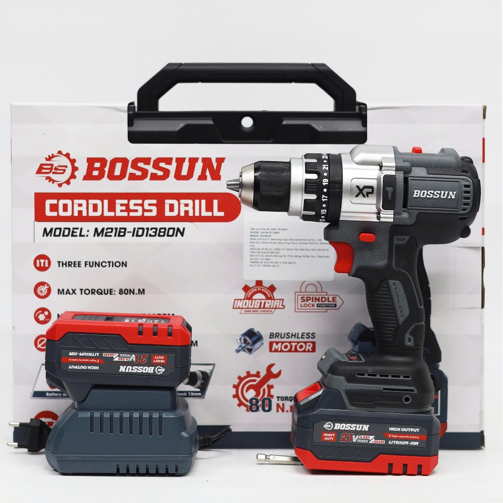 Máy khoan 13mm BS BOSSUN M21B-ID1380N, Lực siết 80Nm, 3 chức năng, Chân phổ thông, Không than
