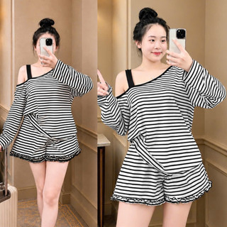 Đồ Bộ Bigsize Nữ Áo Phông Cổ Tròn Kẻ Sọc Phối Quần Short Lai Bèo Dễ Thương Cá Tính SET873