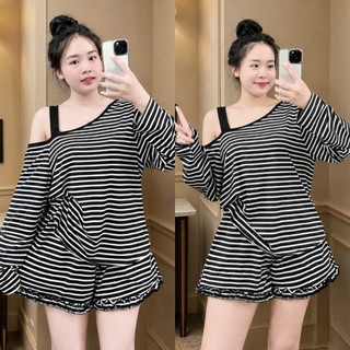 Đồ Bộ Bigsize Nữ Áo Phông Cổ Tròn Kẻ Sọc Phối Quần Short Lai Bèo Dễ Thương Cá Tính SET873