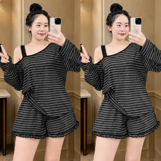 Đồ Bộ Bigsize Nữ Áo Phông Cổ Tròn Kẻ Sọc Phối Quần Short Lai Bèo Dễ Thương Cá Tính SET873