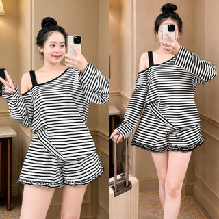 Set Bộ Bigsize Nữ Áo Kẻ Sọc Tay Dài Lệch Vai Phối Quần Lưng Chun Viền Bèo Cho Chubby SET873