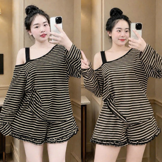 Đồ Bộ Bigsize Nữ Áo Phông Cổ Tròn Kẻ Sọc Phối Quần Short Lai Bèo Dễ Thương Cá Tính SET873