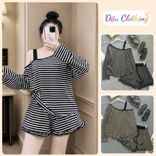 Đồ Bộ Bigsize Nữ Áo Phông Cổ Tròn Kẻ Sọc Phối Quần Short Lai Bèo Dễ Thương Cá Tính SET873