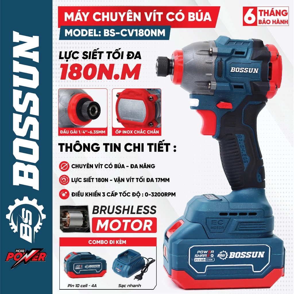 Máy chuyên vít búa BS BOSSUN BS-CV180NM,  Lực siết 180Nm, 3 Mức chỉnh tốc - Không chổi than, Chân M21
