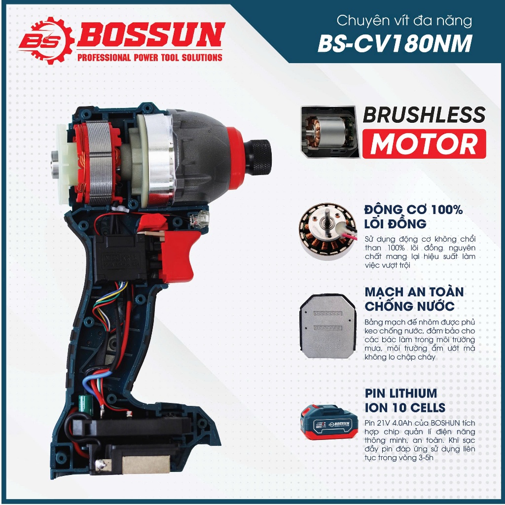 Máy chuyên vít búa BS BOSSUN BS-CV180NM,  Lực siết 180Nm, 3 Mức chỉnh tốc - Không chổi than, Chân M21