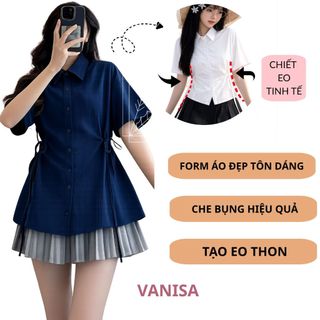 Áo Kiểu Sơ Mi Nữ Tay Ngắn Cổ Bẻ Dây Rút Eo Tôn Dáng Vải Đũi Mát Mềm VANISA CT488