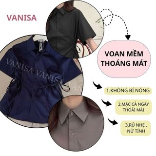 Áo Kiểu Sơ Mi Nữ Tay Ngắn Cổ Bẻ Dây Rút Eo Tôn Dáng Vải Đũi Mát Mềm VANISA CT488