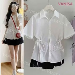Áo Kiểu Sơ Mi Nữ Tay Ngắn Cổ Bẻ Dây Rút Eo Tôn Dáng Vải Đũi Mát Mềm VANISA CT488