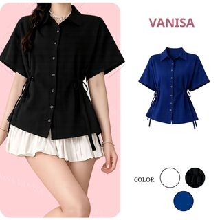 Áo Kiểu Sơ Mi Nữ Tay Ngắn Cổ Bẻ Dây Rút Eo Tôn Dáng Vải Đũi Mát Mềm VANISA CT488