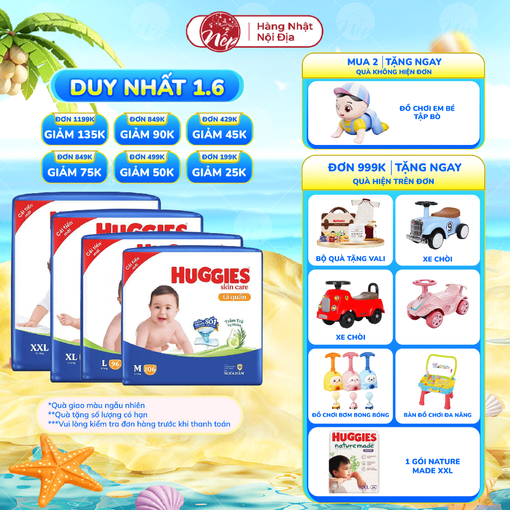 [SIÊU NHIỀU MIẾNG] Tã bỉm quần Huggies Skincare Jumbo M106/L104/XL88/XXL80 - nepshop1