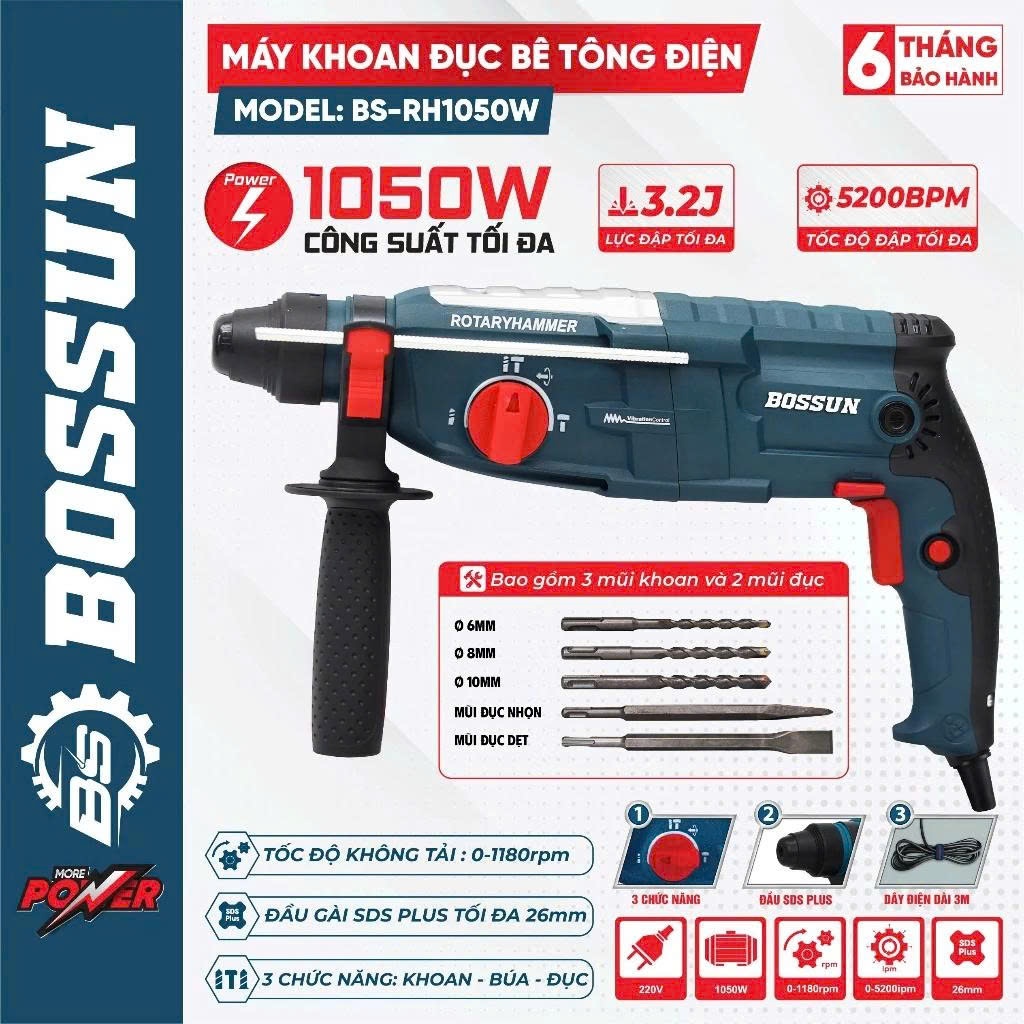 Máy Khoan Đục Bê Tông BS BOSSUN BS-RH1050W, Công Suất 1050w, Lực Búa Khỏe 3,2J - Tặng Kèm 5 Mũi