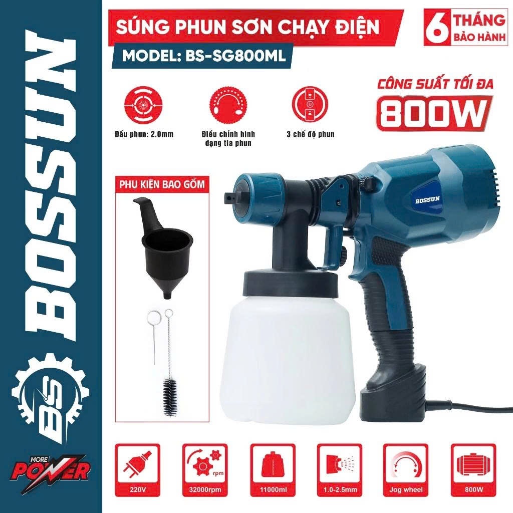 Máy phun sơn BS BOSSUN BS-SG800ML công suất 800W, Phun sơn 2 chiều ngang dọc, Bảo hành 12 tháng