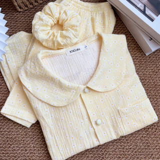 Đồ ngủ nữ tay ngắn quần đùi – Pyjama vải xô muslin cổ sen hoạ tiết | KNG.studio (Tặng kèm dây buộc tóc scrunchies)