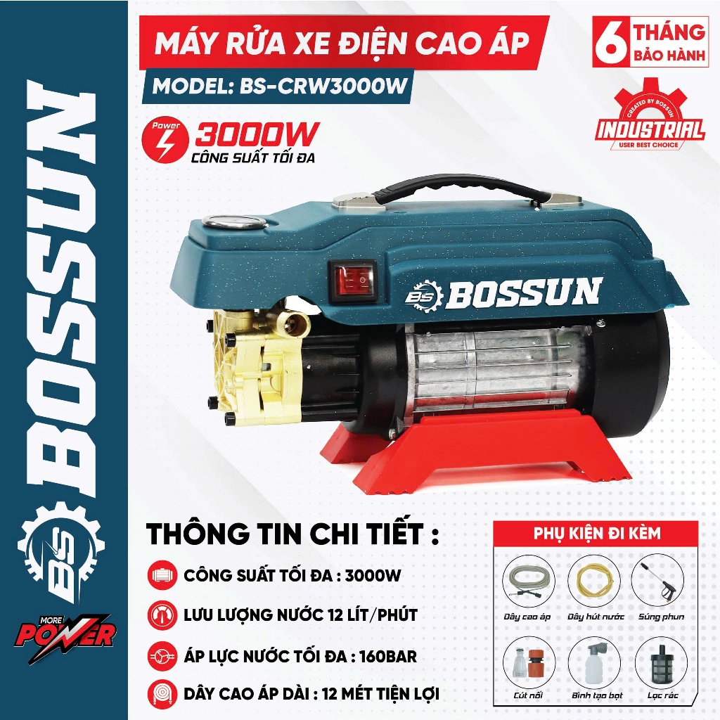Máy Rửa Xe Sân Vườn Cao Áp BS BOSSUN BS-CRW3000W, Công Suất 3000w, Lưu Lượng 12 lít/phút, 160bar
