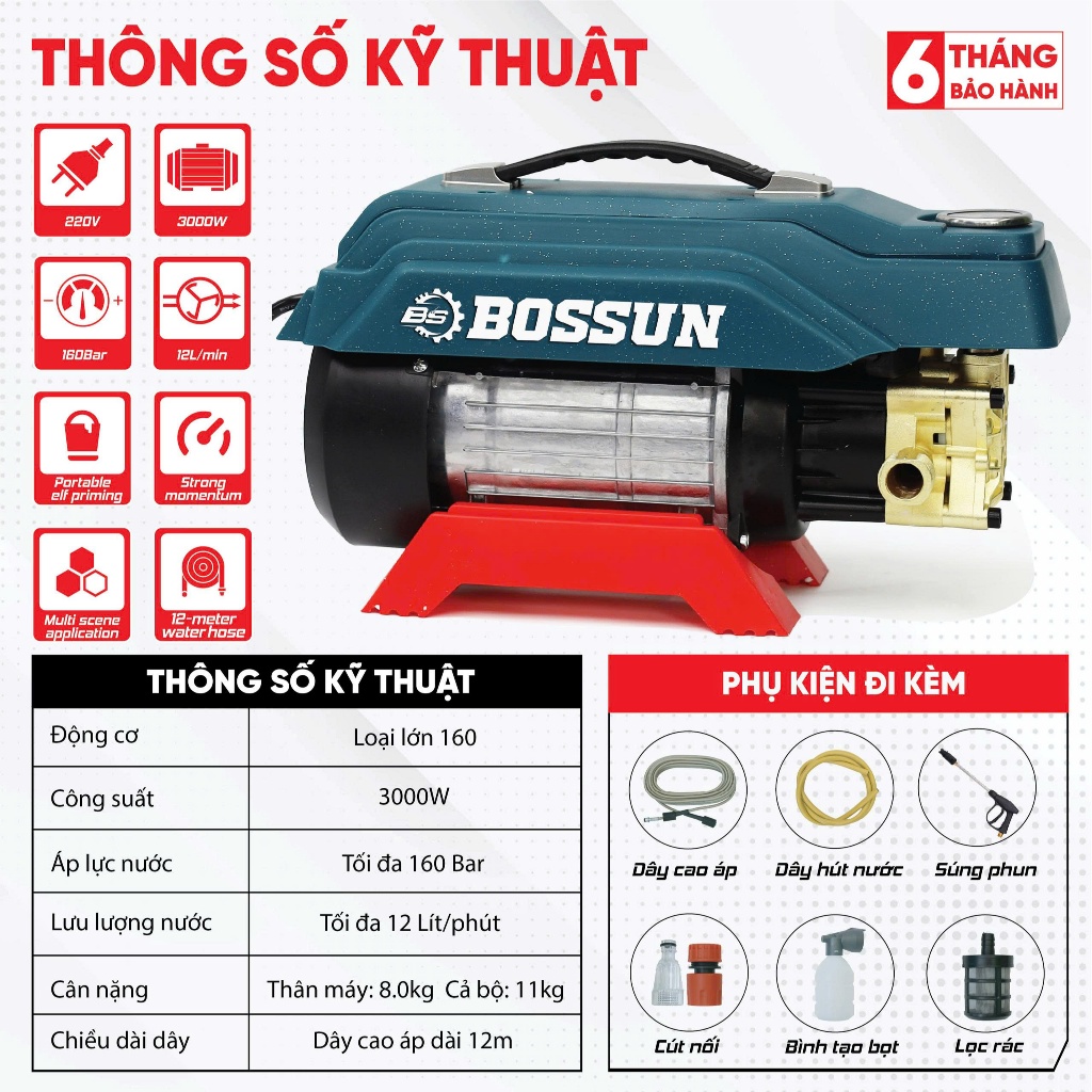 Máy Rửa Xe Sân Vườn Cao Áp BS BOSSUN BS-CRW3000W, Công Suất 3000w, Lưu Lượng 12 lít/phút, 160bar