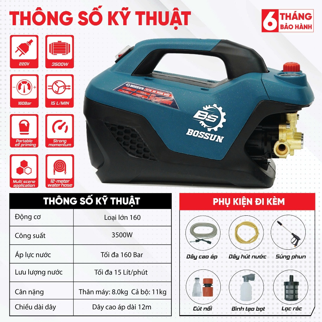 Máy Rửa Xe BS BOSSUN BS-CRW3500W, Công Suất 3500W, Có Chỉnh Áp - Motor dây đồng