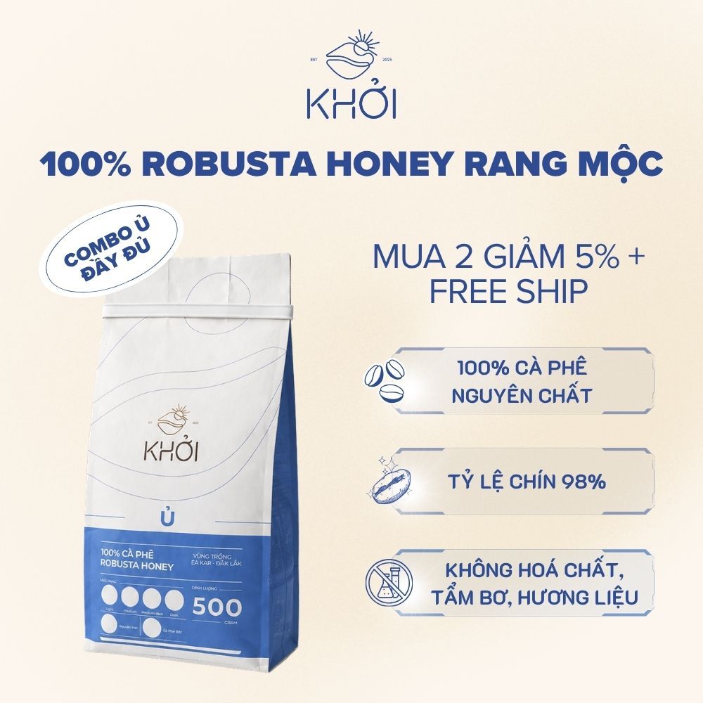 Combo Ủ đầy đủ 500g nguyên hạt + 500g xay sẵn pha phin - Cà phê Robusta honey tỷ lệ chín 98%