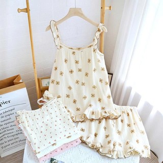 Đồ Bộ 2 Dây Cánh Tiên Chất Xô Muslin Nhăn Nhẹ Họa Tiết Vintage Thấm Hút Mồ Hôi Tốt - Lim Dim